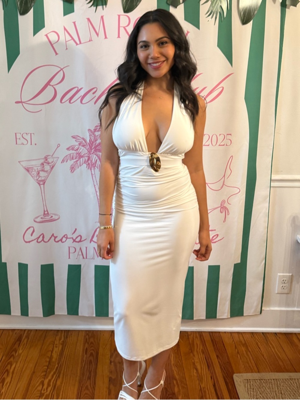 Zara White Halter Midi Dress with Gold-Tone Detail